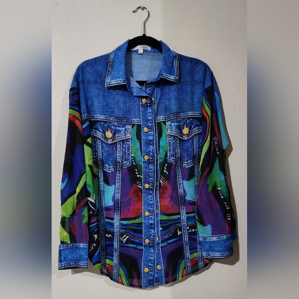Set Denim Effect Chiffon Blouse With Skirt
